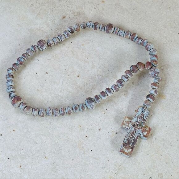 RusticClay Ceramic White Pale Blue Rosary Beads Distressed Decor Garden Necklace - Picture 4 of 16